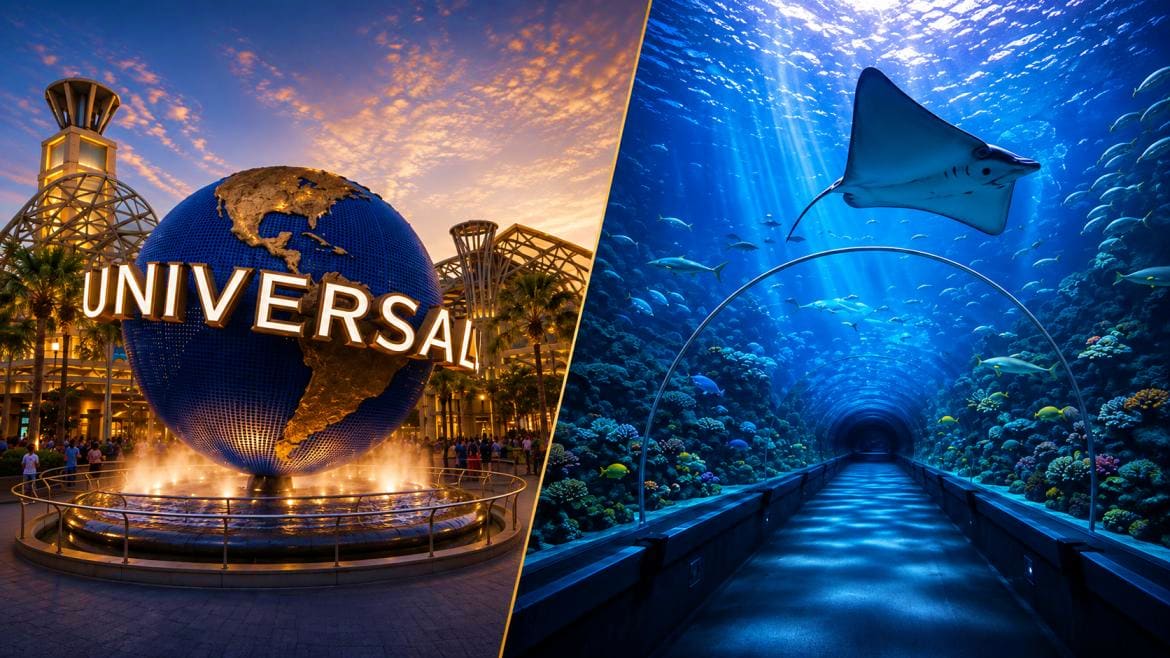 Universal Studios Singapore globe entrance and underwater tunnel with manta ray at aquarium attraction